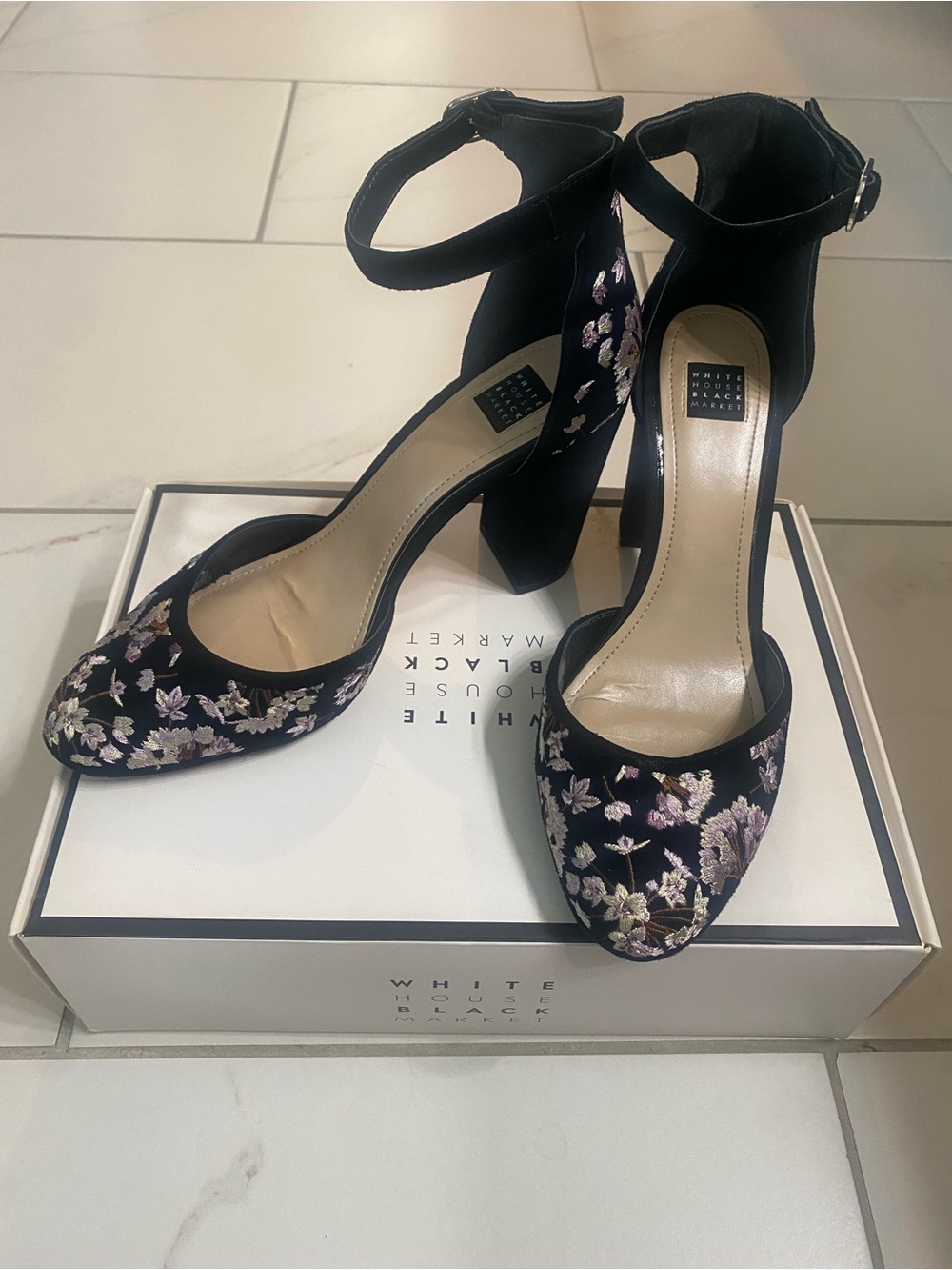 White House Black Market Black Ankle-Strap Heels with Floral Embroidery